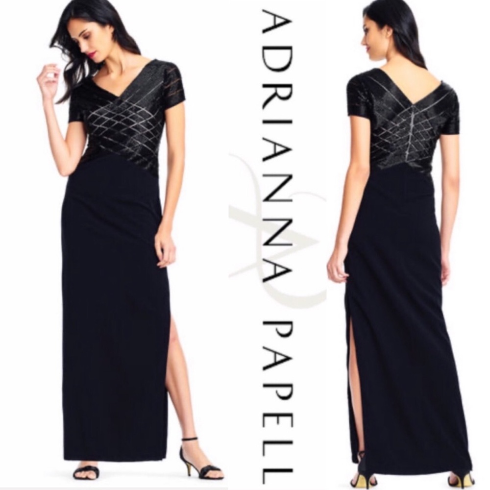 Adrianna Papell short sleeves criss cross beaded dress with slit - Picture 1 of 1